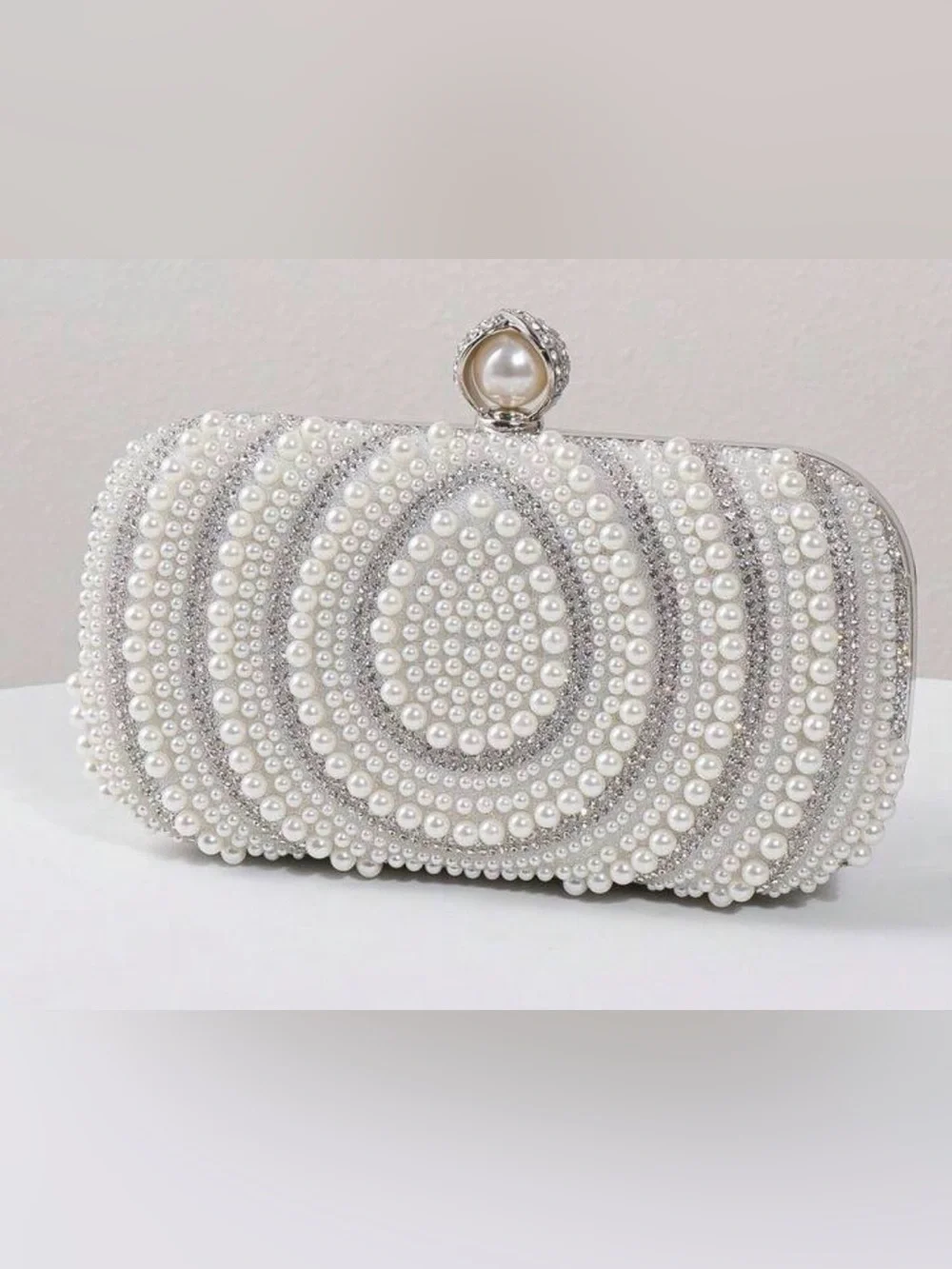 Pearl & Crystal Embellished Clutch - Silver